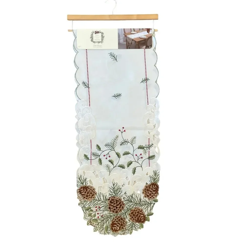 Ridgefield Home Embroidered Christmas Table Runner 14x72 Pine Cones Holly Berry